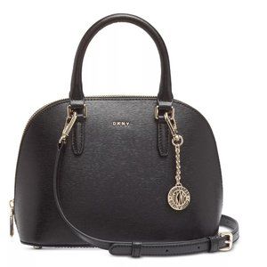 DKNY Bryant Convertible Strap Dome Satchel Handbag Black Gold Tone